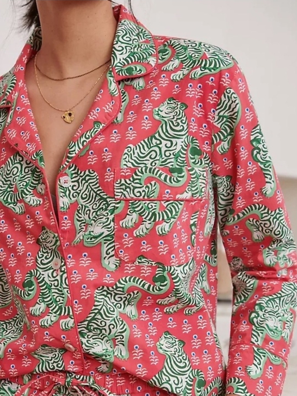 Print Fresh Anthropologie Ruby Tiger Queen Pink & Green Button-Up Pajama Top SM